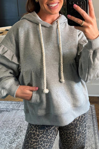 Grey Contrast Knot Drawstring Ruffled Drop-shoulder Loose Sweatshirt