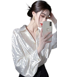 Womens White Long-Sleeve Satin Shirt Elegant Blouse