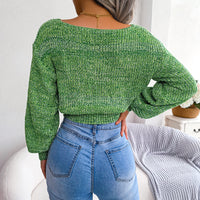 Women Colorful Cross V-Neck Lantern Sleeve Cropped Sweater
