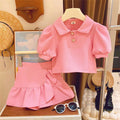 Waffle Bubble Lapel Short Sleeve Western Style Two-piece Set