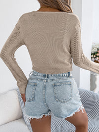 Women Casual Tie Hollow Out Long Sleeve Knit Cardigan Sweater