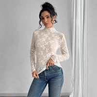 Butterfly Jacquard Mesh Slim Fit Stand-up Collar Long-sleeved