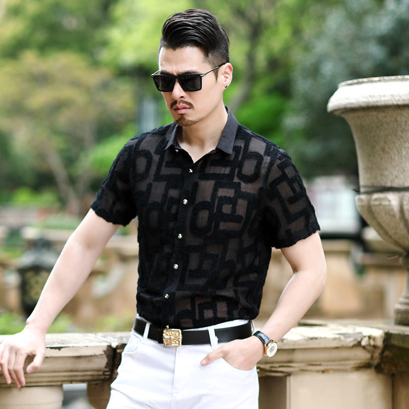 Summer New Style  Men's Shirts Slim Hollow Embroidered Non-iron Casual Shirts