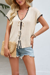 Color-block V-neck Lace-up Short-sleeve Knit Midriff-baring Cardigan