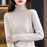 Pure Wool Sweater Women's Turtleneck Pullover Solid Color Loose Short