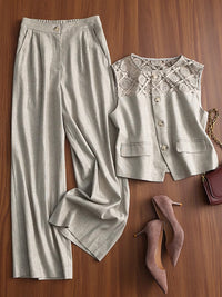 Breathable Linen Lace-Patchwork Sleeveless Vest Wide-Leg Pants Set For Women