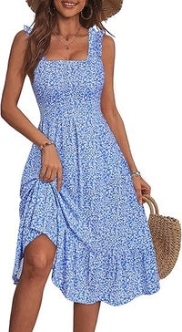 Womens Elegant Square-Neck Floral A-Line Sleeveless Dress