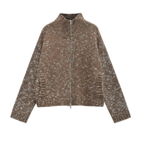Spring Zipped Stand Collar Short Long Sleeve Knitted Coat