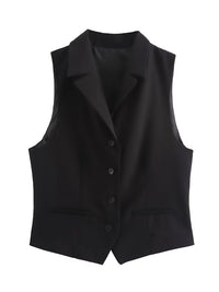 Womens Solid-Color Elegant Lapel Sleeveless Single-Breasted Vest