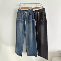 Drawstring-attached Patchwork-design Relaxed-fit Raw-hem Wide-leg Pants