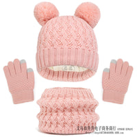 Children's Autumn And Winter Fleece-lined Thickened Double Ball Hat Scarf Gloves Three-piece Set
