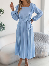 Women's Elegant Ruffle Trim Square Neck Long Sleeve Tie Waist Pleated Dress