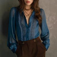 Womens Lace-Patched Ruffle-Neck Puff-Sleeve Shirt