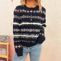 Autumn And Winter New Retro Rhombus Pattern Contrast Color Round Neck Long Sleeve Commuter Sweater