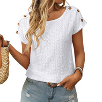 Womens Crew-neck Hollow-out Short-sleeve T-shirt