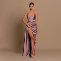 Womens Deep-V Waist-Cinching Satin Split Dress