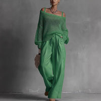Womens Comfortable Hollow-Out Knitted Top And Linen Pants Two-Piece Set