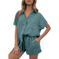 Casual Fashion Cotton And Linen Shirt And Shorts Set Womens Clothing