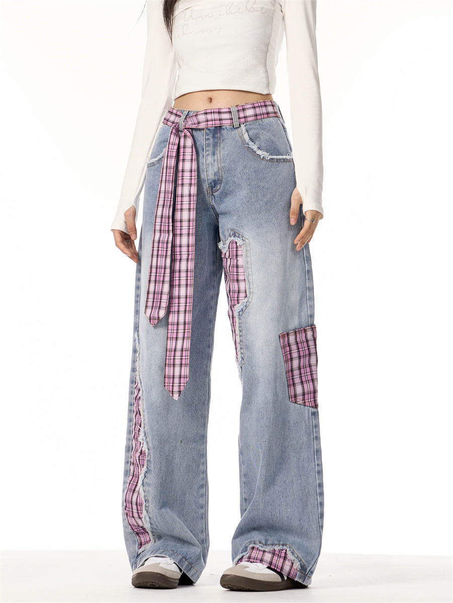 Bowknot Loose Sweet Cool Plaid Stitching Jeans Women's Straight Wide Leg Pants