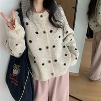 Loose Casual Sweater Polka Dot Round Neck Button Women's Sweater