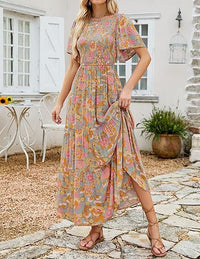 Women's Short-Sleeve Crew-Neck Bohemian Beach Dress