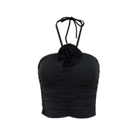 Women's Fashion Lace-up Halter Three-dimensional Flower Pleated Navel Vest