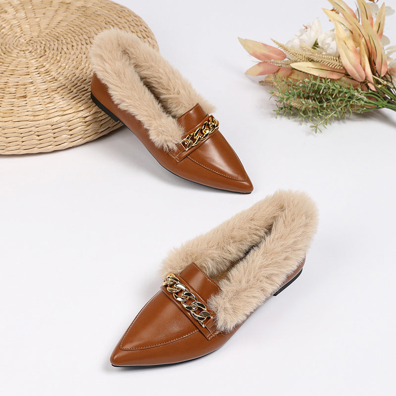 Pointed Toe Horsebit Buckle Toe Cap Plus Size Fluffy Shoes