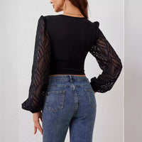 Women's Chiffon Lantern Sleeve V-neck Long-sleeved T-shirt Top