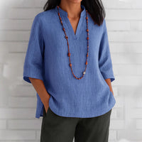 Summer Women's Clothing V-neck 34 Sleeves Cotton And Linen Loose Casual Shirt