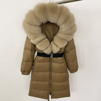 Women's Long Cinched Hoodie Real Fox Fur Collar Coat