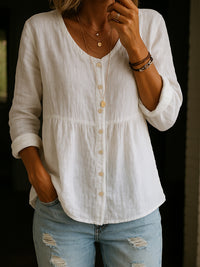 Casual Loose Fashion Cotton And Linen Long Sleeve V-neck Buttons Shirt