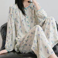 Womens Loose-Fit Long-Sleeve Long-Pants Printed Loungewear Set