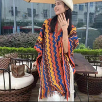 New Wave Pattern Geometric Long Beard Thickened Knitting Slit Travel Scenic Spot Warm Ethnic Style Shawl