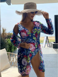 European And American Botanical Print Pleated Three-piece Swimsuit