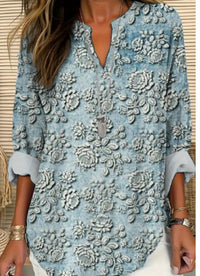 European American Fashion Floral Print Small V-neck Stitching Lotus Half-sleeve Shirt