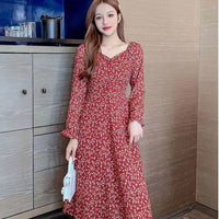 Women's Retro Casual V-Neck Floral Print Long-Sleeve Dress