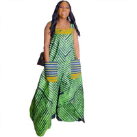Printed Contrast Color Oversized Wide Leg Suspender Jumpsuit