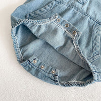 Korean Summer Baby Girls' One-piece Cotton Denim Short Sleeve Big Pocket Khaki Climbing Suit