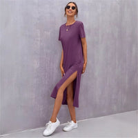 Womens Knitted Short-sleeve Dress With A Round Neck And Side Slit