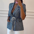 Womens Striped Printed Coat With Long Sleeves Defined Waist And Tie-Back Design