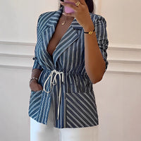 Womens Striped Printed Coat With Long Sleeves Defined Waist And Tie-Back Design