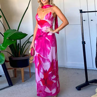 Womens Sexy Elegant Deep-V Print Slip Dress