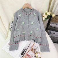 Women's Patchwork Flower Knitted Cardigan Round Neck Casual Sweater