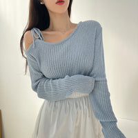 Lace-up Design Sunken Stripe Long-sleeved Sweater Women's Top