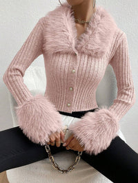 New V-neck Knitted Cardigan With A Slim Fit And A Fur-trimmed Collar