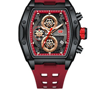 Track-Style Sports Chronograph Mens Watch With Curved Glass And Openwork Design