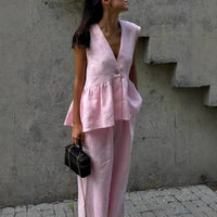 Womens Cotton V-Neck Sleeveless Vest And Wide-Leg Pants Set