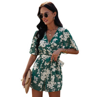 European And American V Neck Short Sleeved Chiffon Jumpsuit Shorts Women
