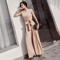 V-neck bow tie wide leg jumpsuit