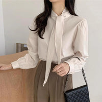 Spring New Gentle Lace-up Bow Tie Design Puff Sleeve Solid Color Shirt For Women